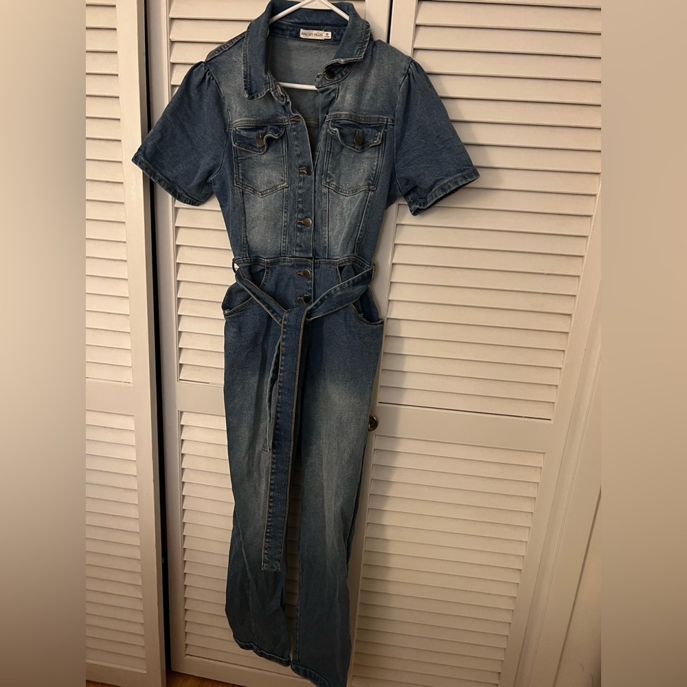 Avec Les Filles Blue Denim Short-Sleeve Jumpsuit with Tie Belt
